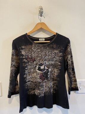 Vintage Y2K Cactus Women's Espresso Caffe Graphic Tee Shirt Sz Large Rhinestone